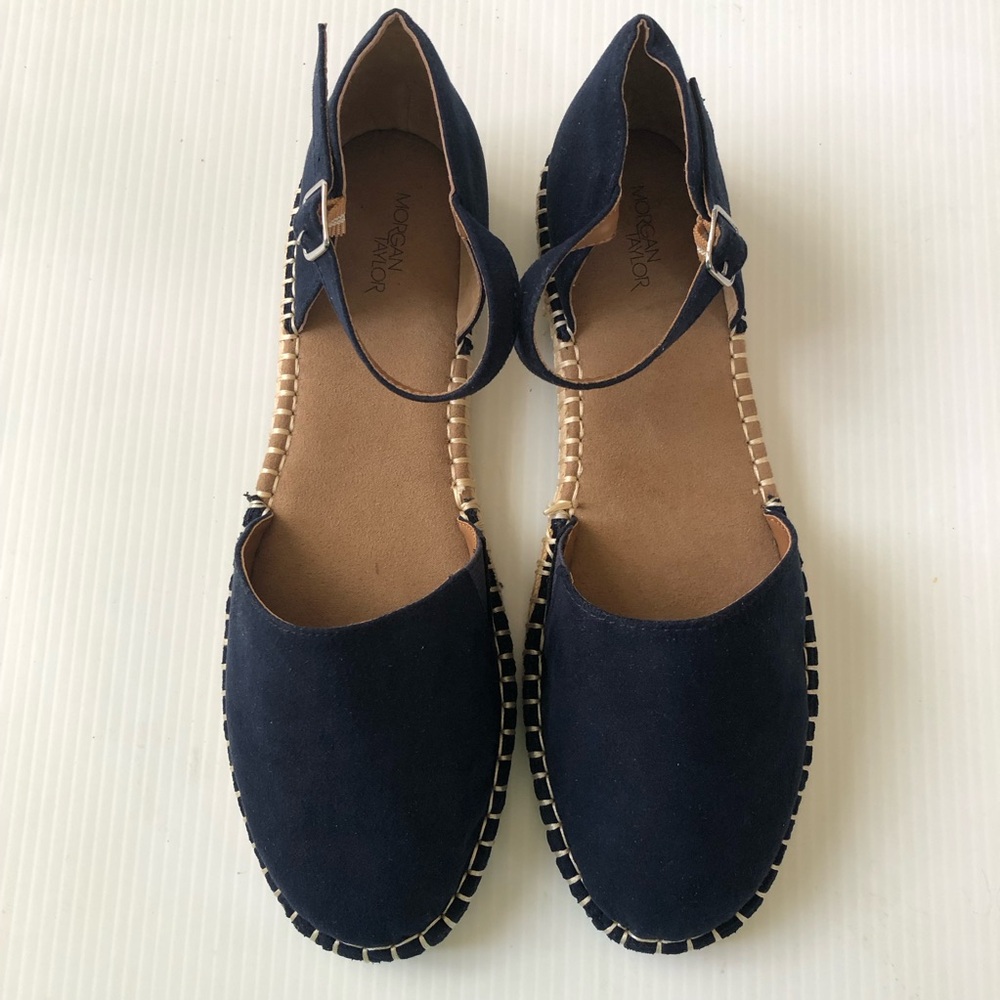 Morgan Taylor Paulette Espadrilles Suede Ankle Strap Flats Navy Blue Size 8.5